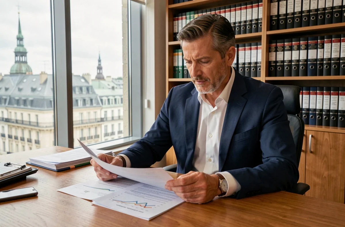 Conseiller financier analysant des documents relatifs aux intérêts d'emprunt d'une SCPI étrangère dans un bureau moderne