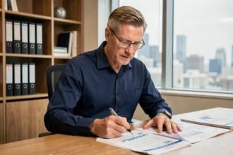 Conseiller financier analysant un dossier de calcul du taux d'assurance emprunteur à son bureau