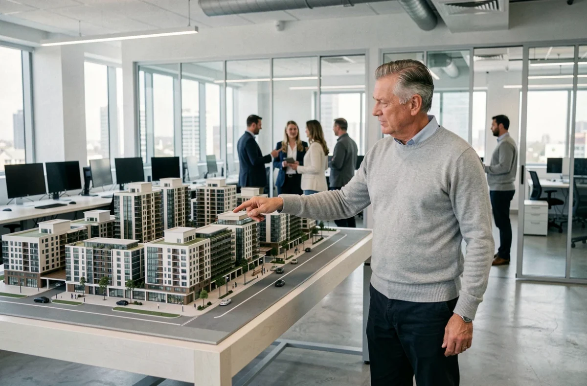 Conseiller en investissement présentant un projet immobilier SCPI devant une maquette architecturale dans un bureau professionnel