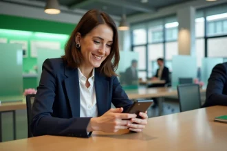 Conseillère bancaire Crédit Agricole utilisant une application mobile sur smartphone dans une agence moderne