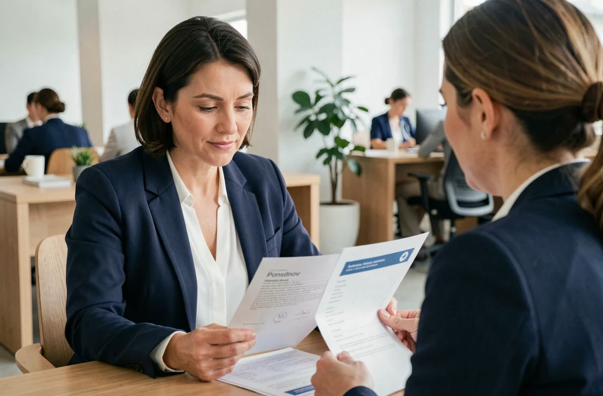 Femme consultant un conseiller en mutuelle santé dans un bureau moderne, examinant les garanties de sa complémentaire santé