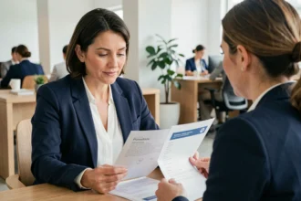 Femme consultant un conseiller en mutuelle santé dans un bureau moderne, examinant les garanties de sa complémentaire santé