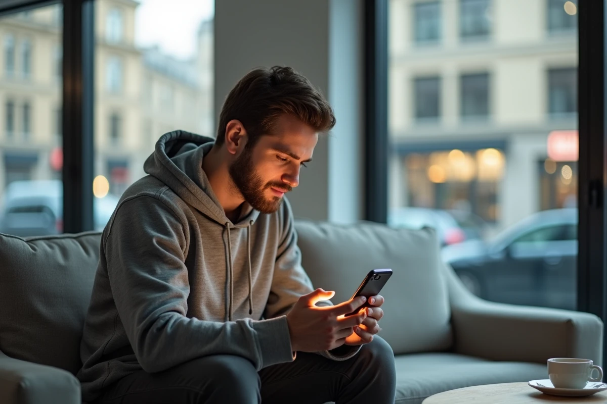 Jeune homme consultant les nouveaux tarifs de La Banque Postale sur son application mobile