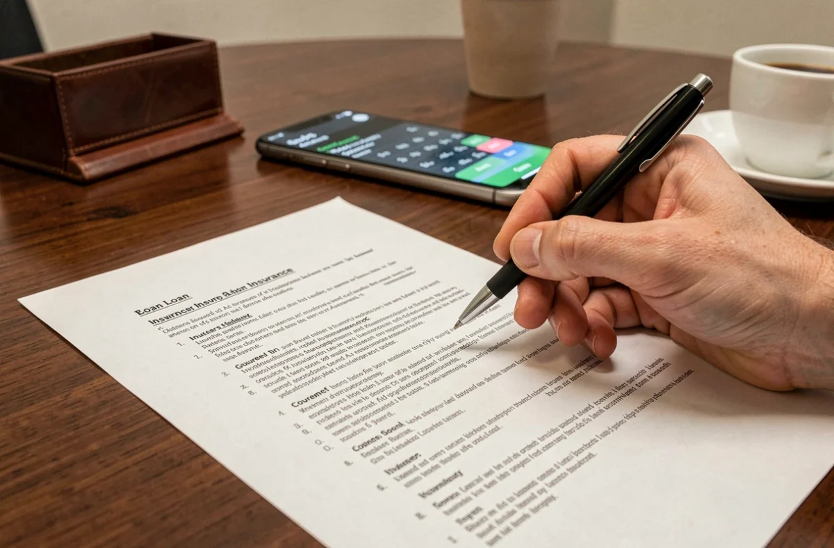 Gros plan sur un contrat d'assurance emprunteur annoté avec un stylo, symbolisant la vérification des taux par un courtier