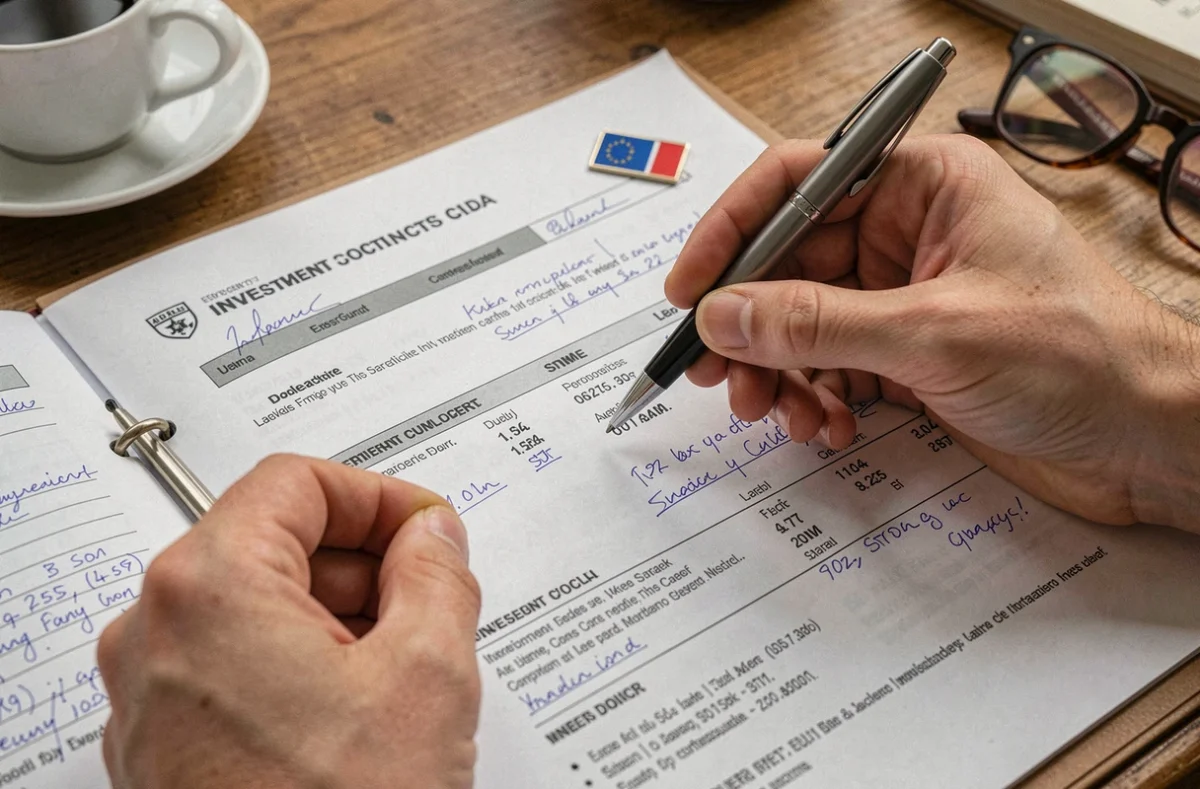 Gros plan sur des contrats d'investissement immobilier en SCPI étrangère annotés à la main, symbolisant la déduction des intérêts d'emprunt