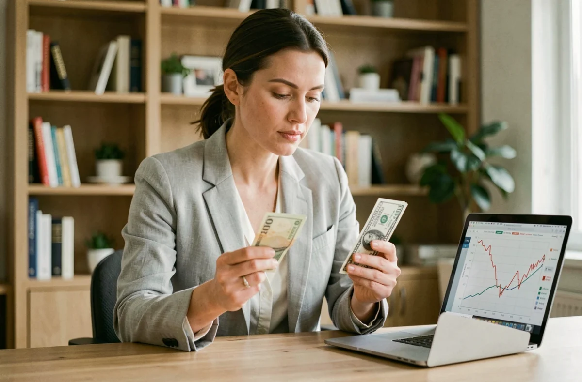 Femme analysant des billets en euros et en dollars pour décider du meilleur moment pour convertir sa devise