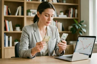 Femme analysant des billets en euros et en dollars pour décider du meilleur moment pour convertir sa devise