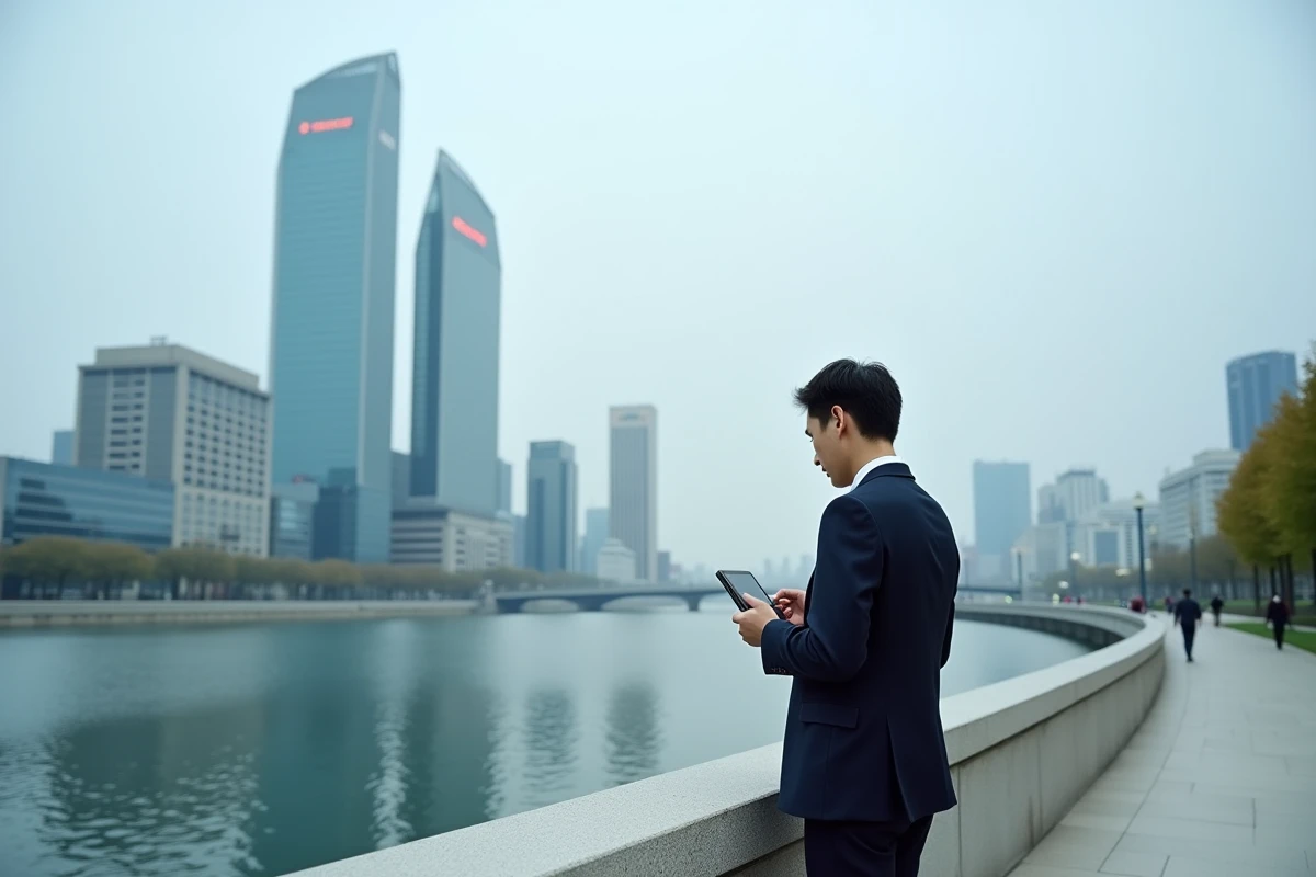Le quartier financier de Yeouido à Séoul avec les tours de l'IFC et un homme d'affaires coréen au bord du fleuve Han