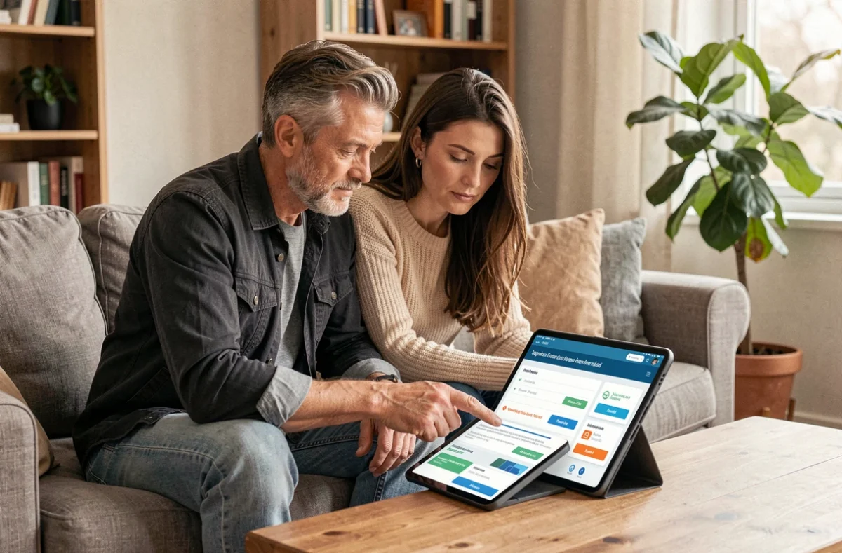 Couple comparant des offres d'assurance emprunteur sur une tablette numérique dans leur salon