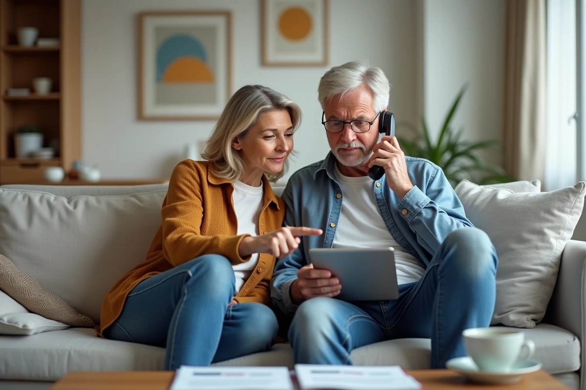 Couple à domicile comparant le service téléphonique TEL Boursorama et l'application bancaire en ligne sur tablette