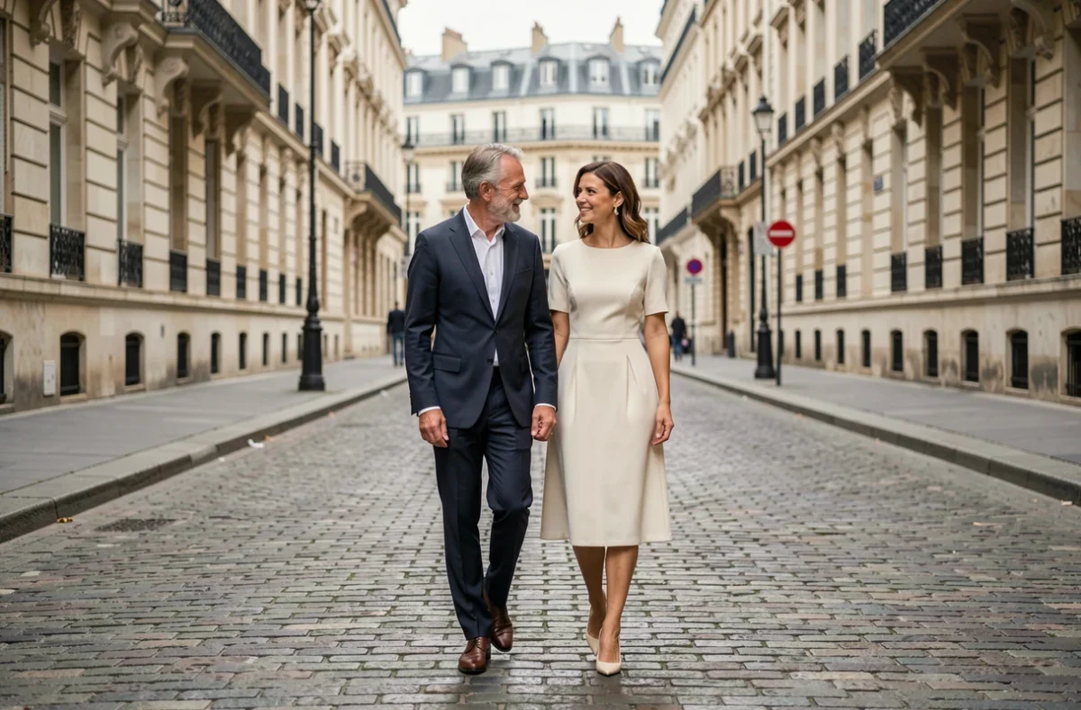 Couple élégant se promenant dans une rue pavée de Paris, évoquant la relation entre Audrey Crespo-Mara et Thierry Ardisson et leur vie commune