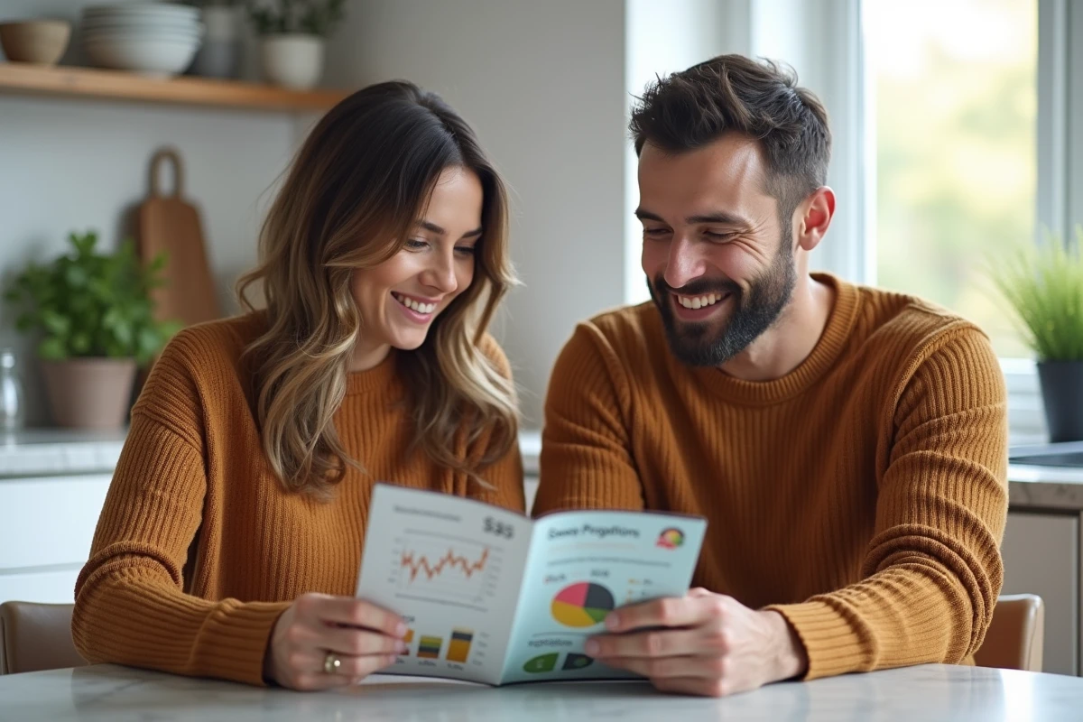Couple passant en revue une brochure sur le compte à terme et les taux d'épargne dans leur cuisine