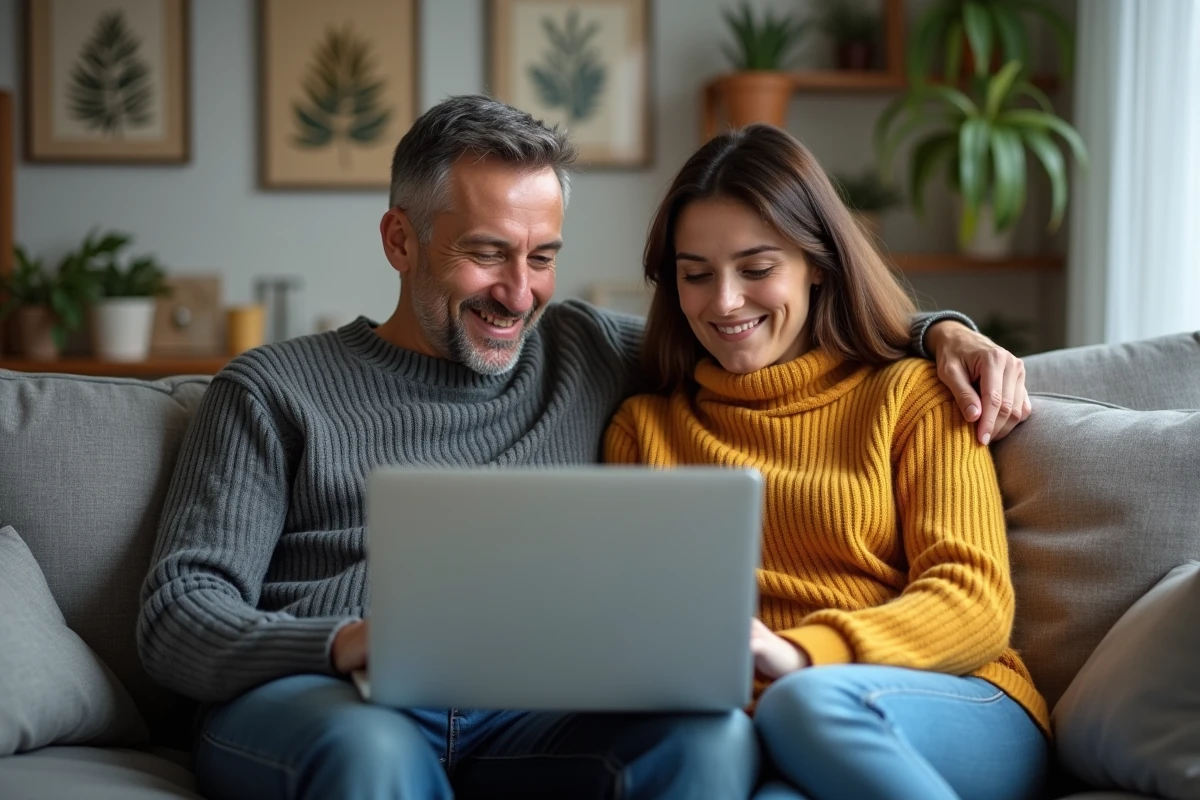 Couple consultant leur compte Filibanque CIC sur un ordinateur portable dans leur salon