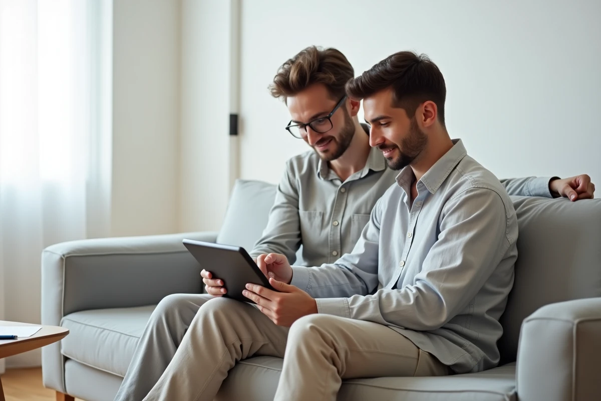 Jeune couple gérant ensemble leur compte CIC sur une tablette dans un salon au design scandinave épuré