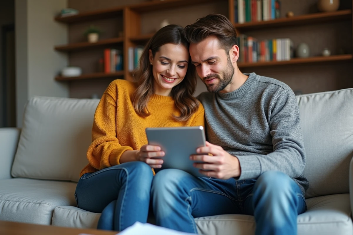 Couple étudiant ensemble une offre de néo-assurance emprunteur sur une tablette dans leur salon