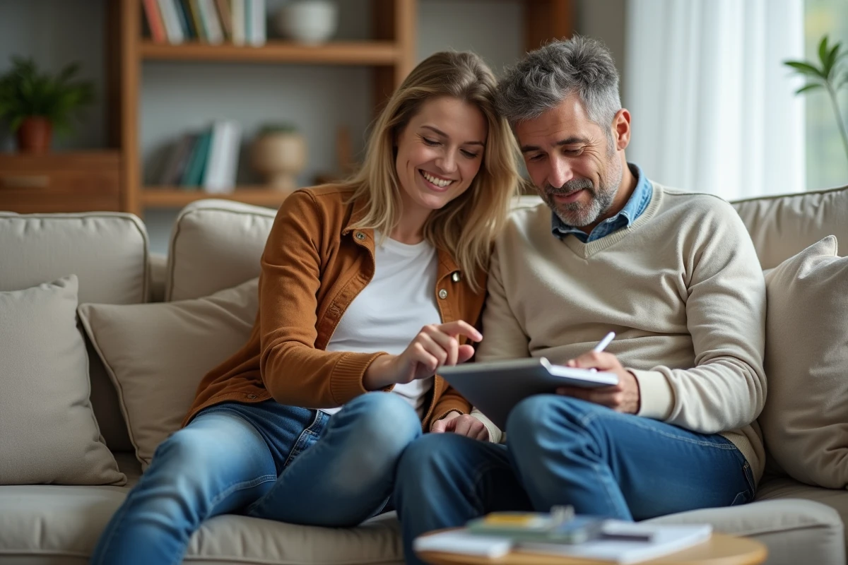 Couple passant en revue leurs relevés bancaires CMB ensemble sur une tablette dans leur salon