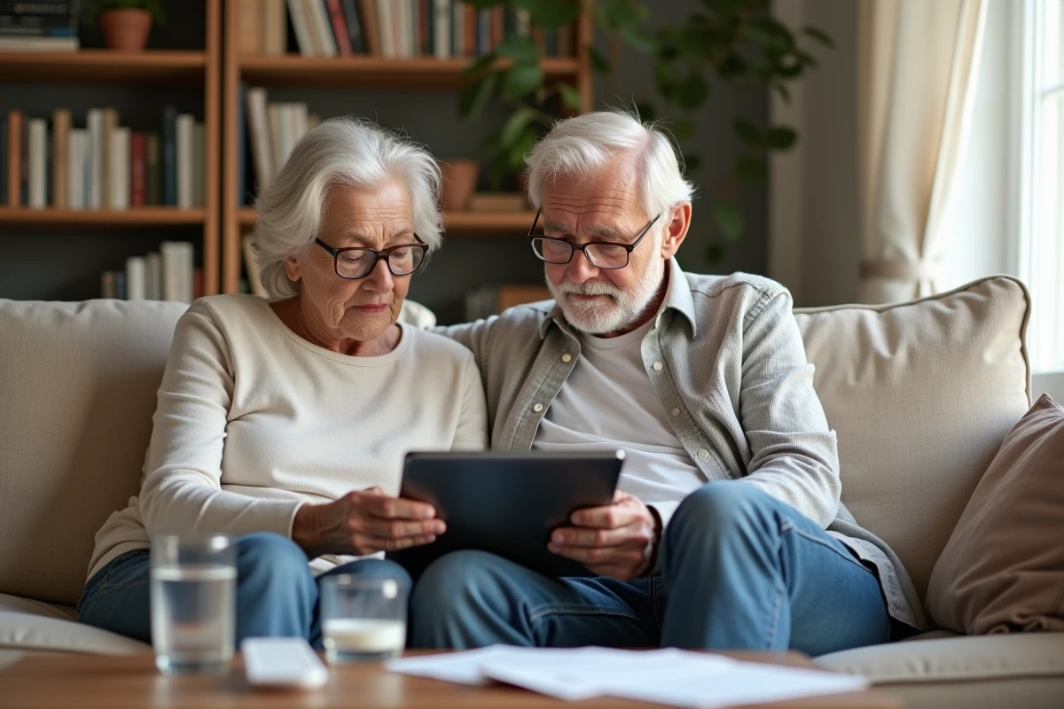 Couple de retraités consultant ensemble un tableau de bord financier sur tablette pour anticiper la baisse du taux du livret A en 2026