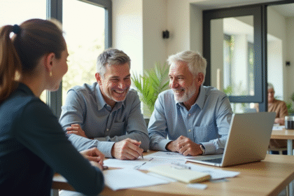 Couple mature discutant finances avec conseiller dans une cuisine lumineuse