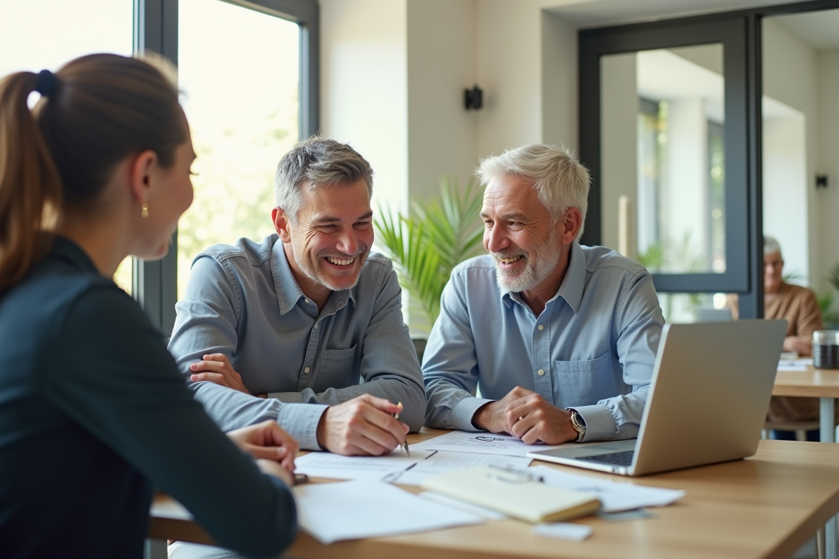 Couple mature discutant finances avec conseiller dans une cuisine lumineuse
