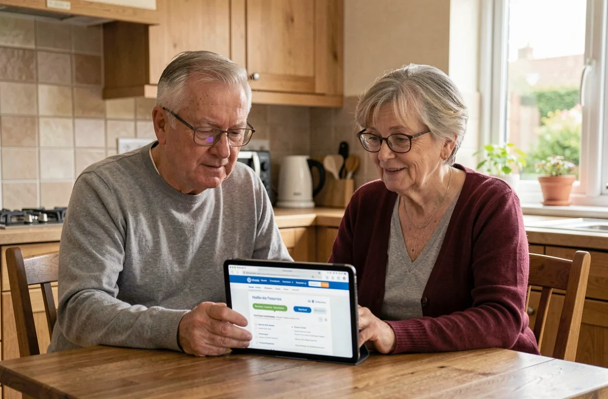 Couple de seniors comparant les garanties de leur mutuelle santé sur une tablette dans leur cuisine