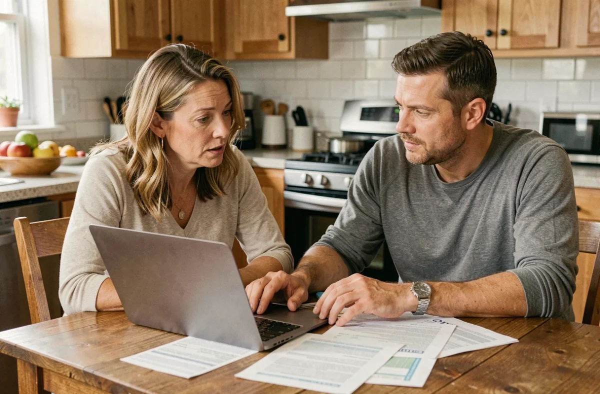 Couple révisant ensemble leur déclaration d'impôt sur le revenu et ajustant le prélèvement à la source depuis leur cuisine