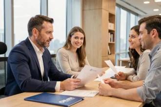 Courtier en assurance emprunteur conseillant un couple sur la réduction de leur taux lors d'une réunion en bureau moderne