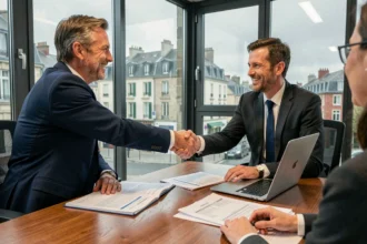 Courtier en assurance dans le Pas-de-Calais accueillant un client dans son bureau