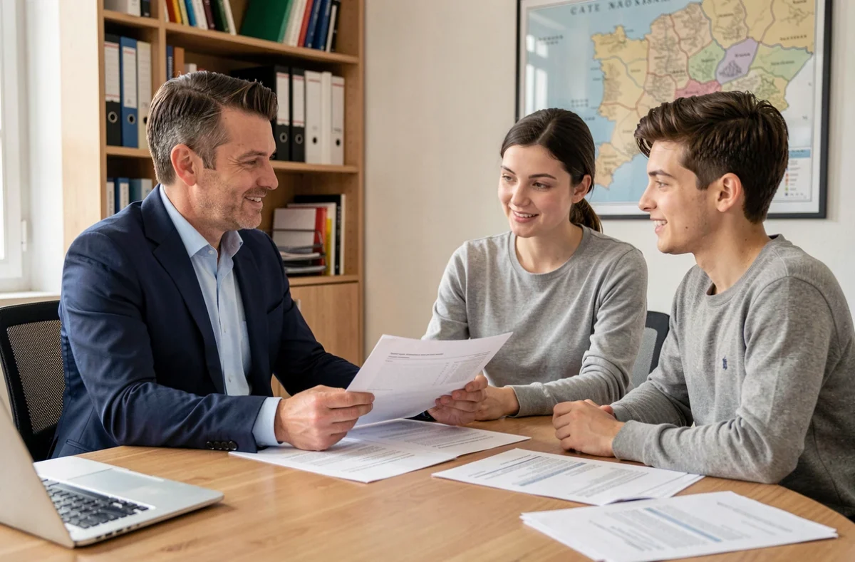 Courtier en crédit immobilier conseillant un couple dans un bureau professionnel en Haute-Loire