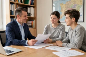 Courtier en crédit immobilier conseillant un couple dans un bureau professionnel en Haute-Loire