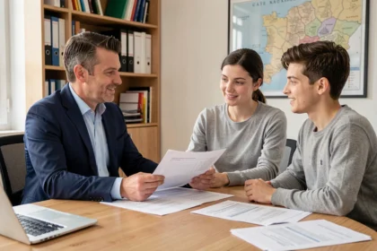 Courtier en crédit immobilier conseillant un couple dans un bureau professionnel en Haute-Loire