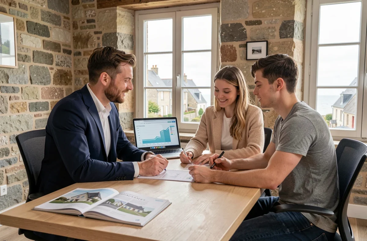 Un couple consulte un courtier en crédit immobilier dans un bureau normand moderne pour financer leur projet dans la Manche