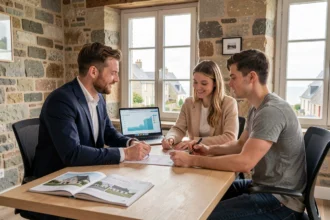 Un couple consulte un courtier en crédit immobilier dans un bureau normand moderne pour financer leur projet dans la Manche