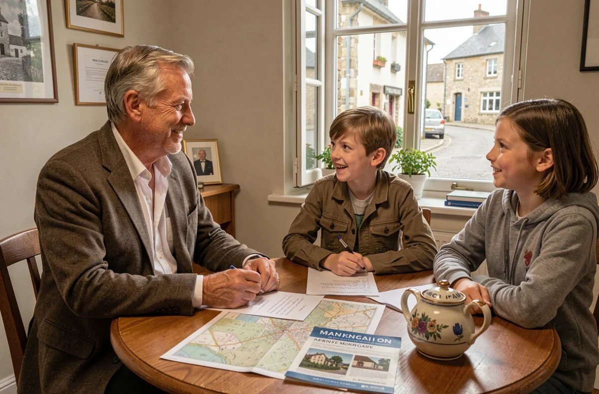Un courtier indépendant local de la Manche conseille une famille sur leur projet de crédit immobilier dans son bureau