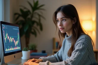 Jeune femme débutante en bourse analysant un graphique boursier sur un ordinateur portable dans un bureau à domicile moderne