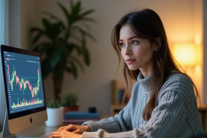 Jeune femme débutante en bourse analysant un graphique boursier sur un ordinateur portable dans un bureau à domicile moderne