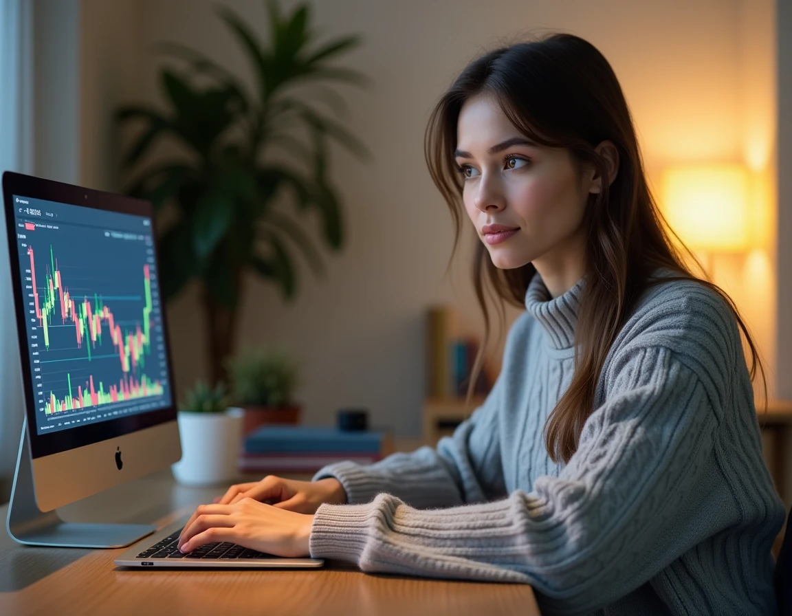 Jeune femme débutante en bourse analysant un graphique boursier sur un ordinateur portable dans un bureau à domicile moderne