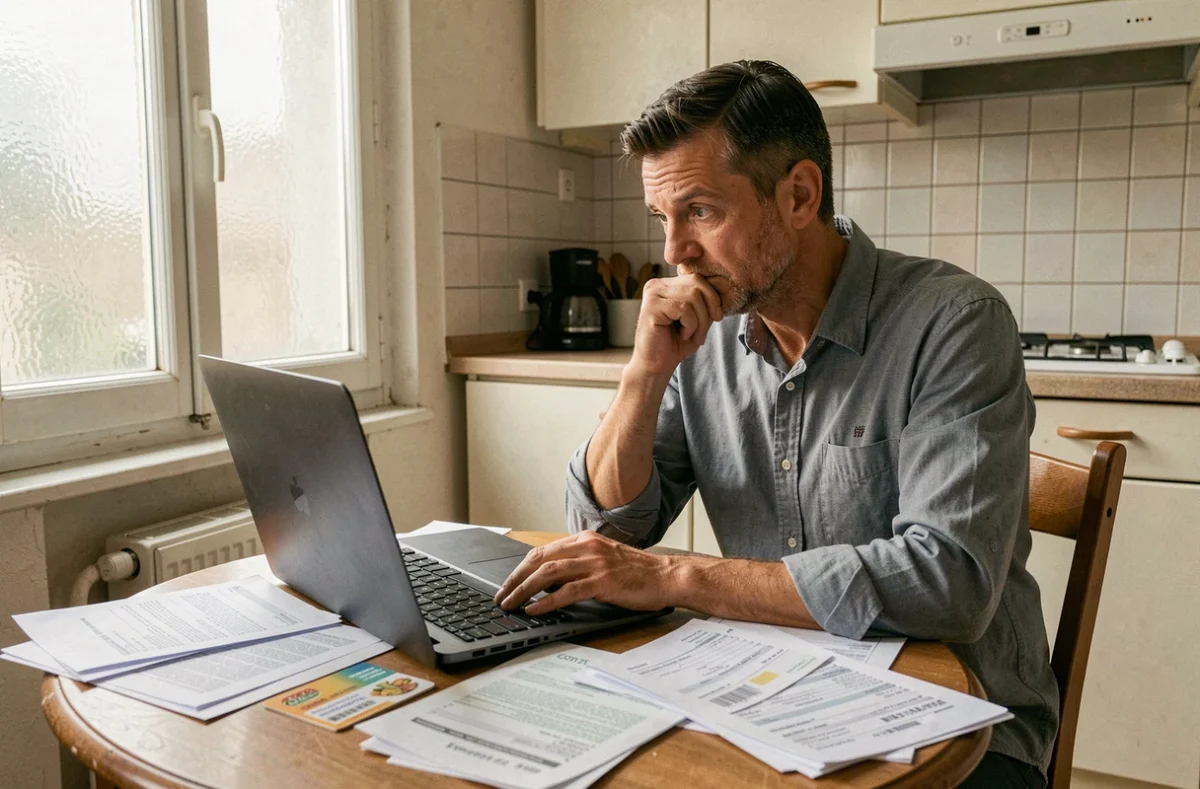 Homme remplissant une déclaration fiscale en ligne avec des tickets-restaurant et des reçus d'épicerie, évoquant les déductions fiscales sur les repas pour les bas revenus