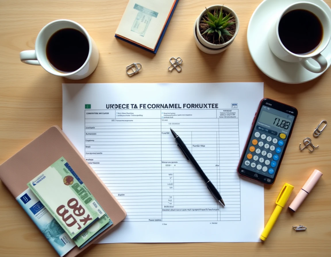 Vue aérienne d'un bureau avec une déclaration de revenus française, des billets en euros et une calculatrice fiscale sur smartphone illustrant l'imposition de la prime Macron 2026