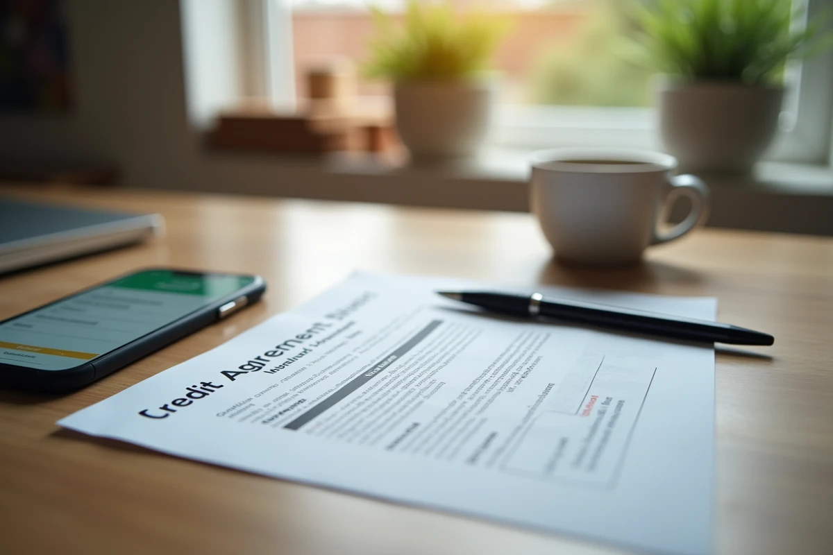 Demande de crédit en ligne sur smartphone avec contrat de prêt signé sur une table de cuisine