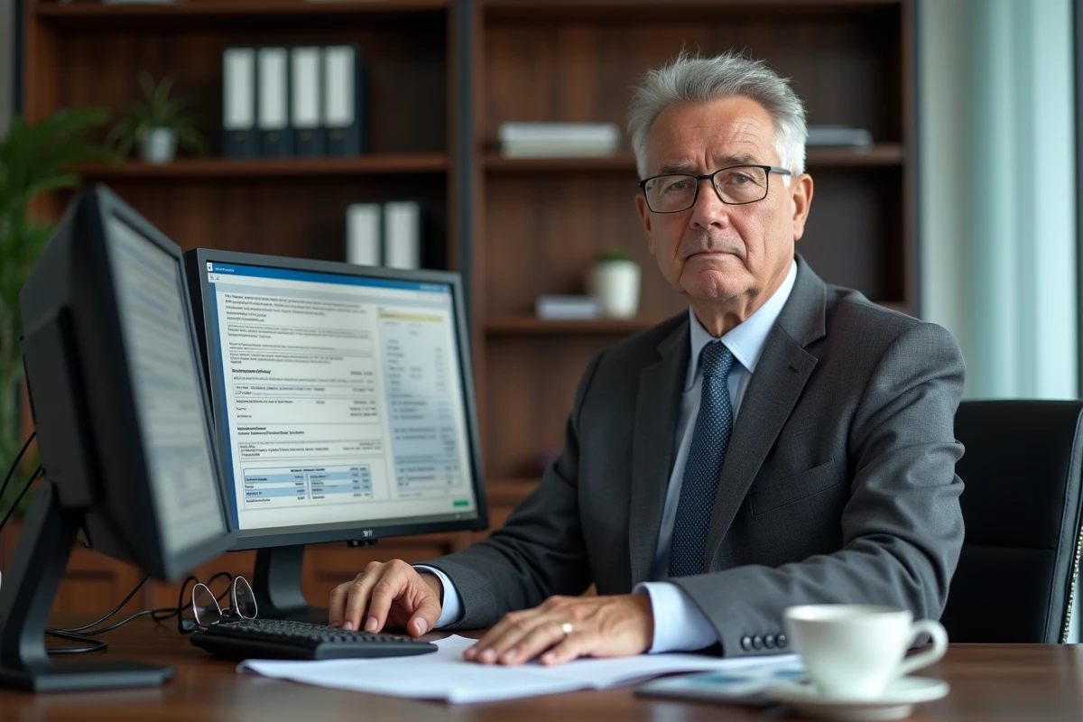 Directeur crédit senior consultant une politique de crédit européenne sur double écran dans un bureau exécutif