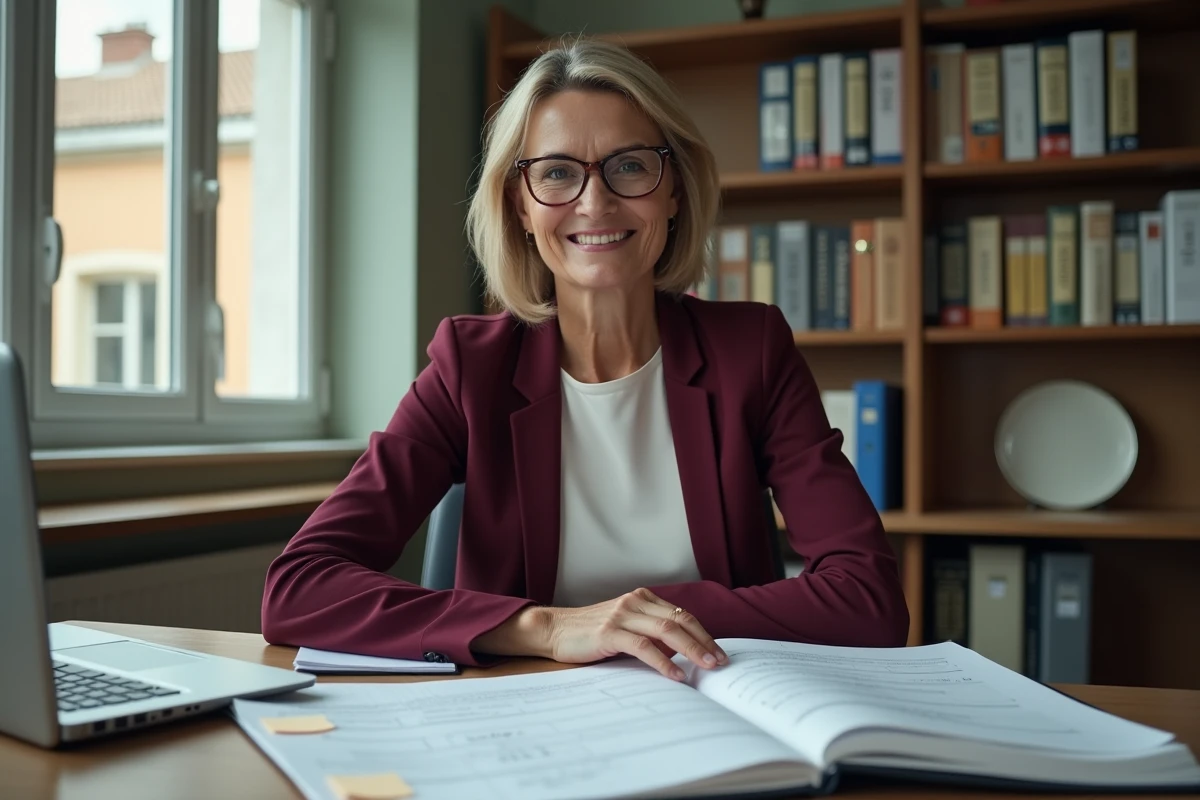 Directrice d'école primaire gérant les documents de paie et anticipant les rappels de salaire et primes sur agenda et ordinateur portable en 2026