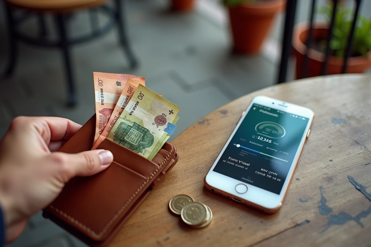 Portefeuille ouvert avec des dirhams marocains et des euros à côté d'un smartphone affichant un convertisseur de devises MAD EUR