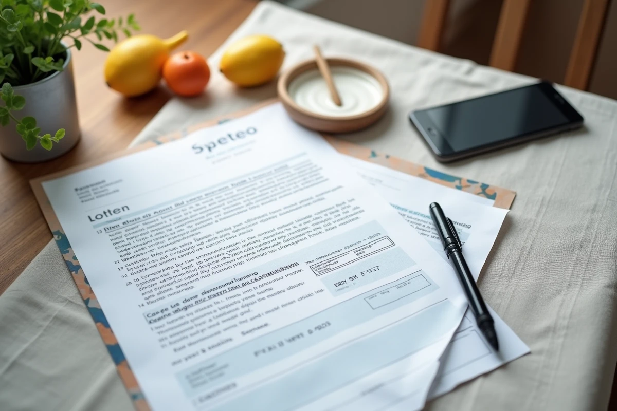 Vue aérienne de documents financiers et d'une lettre officielle liés à un interdit bancaire sur une table