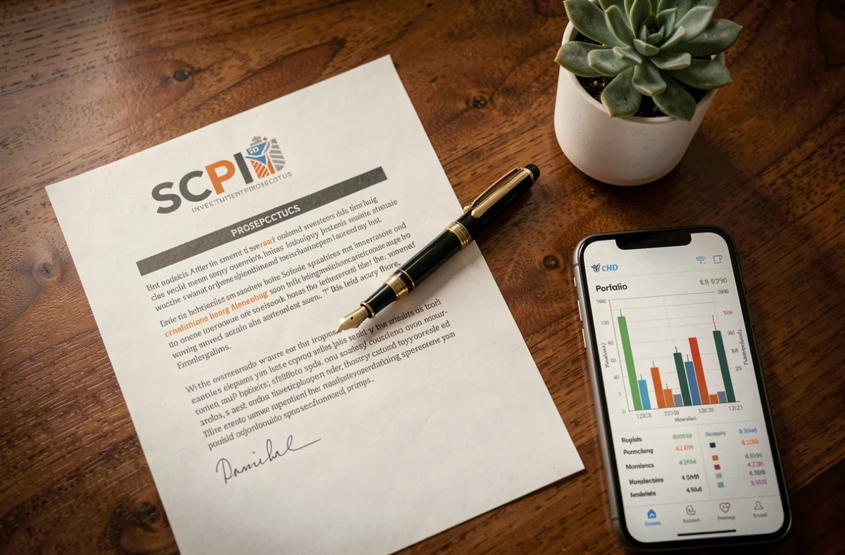 Vue en plongée d'un bureau avec prospectus SCPI, stylo plume et graphique de rendement affiché sur smartphone