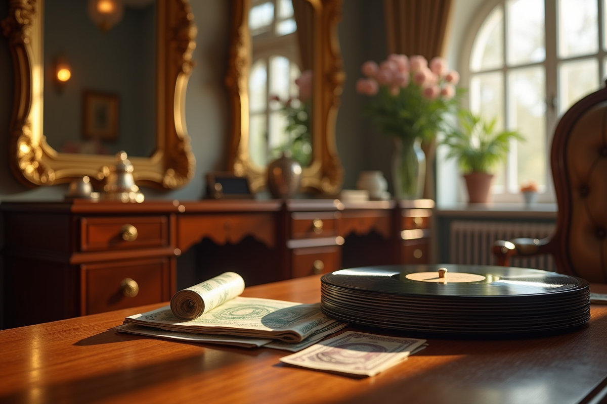 Coin dressing avec miroirs dorés et vinyles anciens