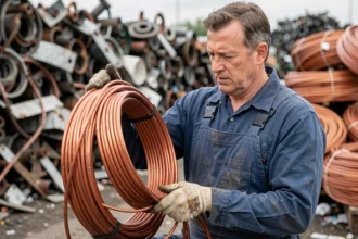Électricien tenant une bobine de câble en cuivre dans un chantier de recyclage de métaux