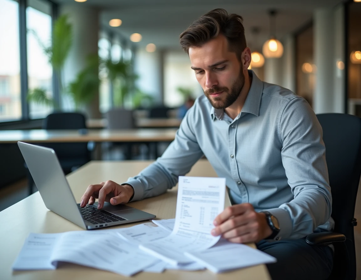 Employé de bureau classant des justificatifs de frais de repas pour sa déclaration d'impôts 2026