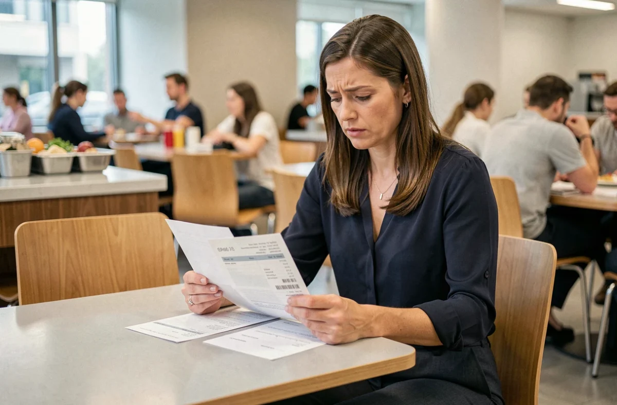 Employée examinant sa fiche de paie et une note de restaurant dans une cantine d'entreprise, illustrant les avantages fiscaux du repas pour les petits salaires