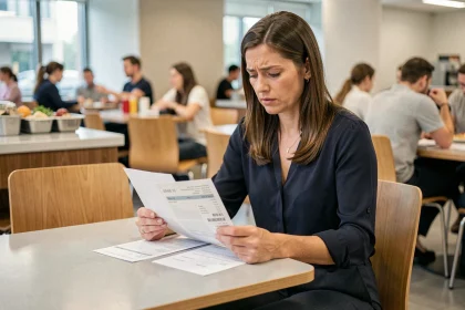 Employée examinant sa fiche de paie et une note de restaurant dans une cantine d'entreprise, illustrant les avantages fiscaux du repas pour les petits salaires