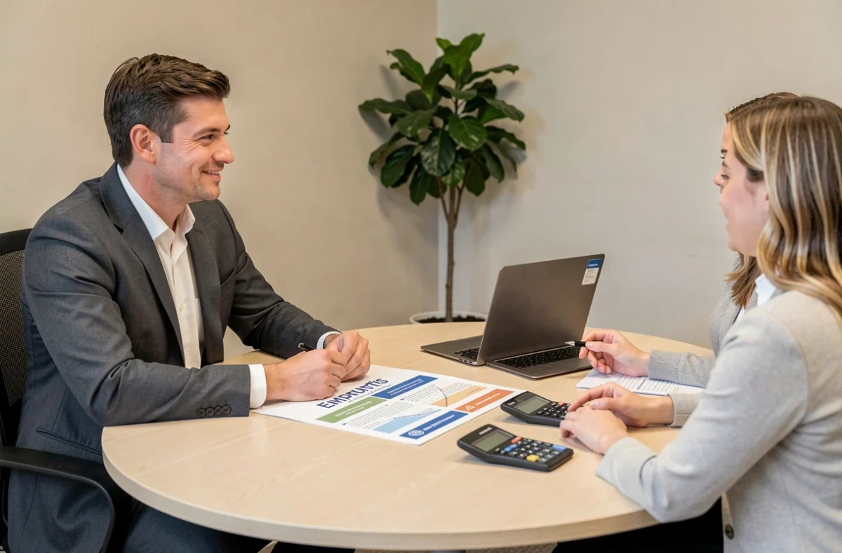 Un conseiller Empruntis présente une comparaison de prêts immobiliers à un couple lors d'un rendez-vous